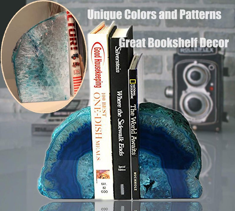 AMOYSTONE Geode Bookends Heavy Duty Agate Large Stone Bookend Decorative Crystal Quartz Book Ends Dyed Teal with Rubber Bumpers(1 Pair, 6-8 LBS) - Image 3